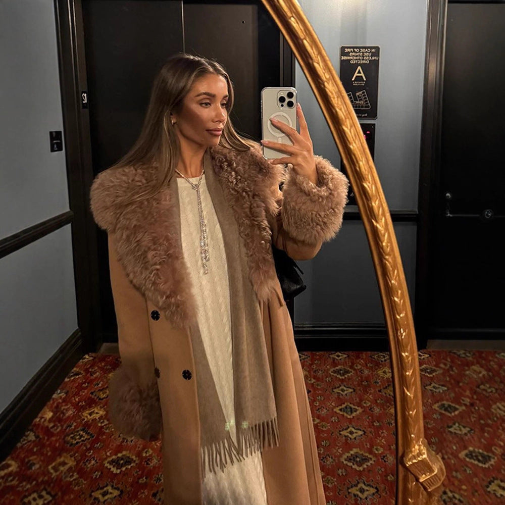 Ladies Maxilength Wool Blend Coat with Detachable Curly Faux Fur Shawl Collar and Fur Cuffs Mune Fashion