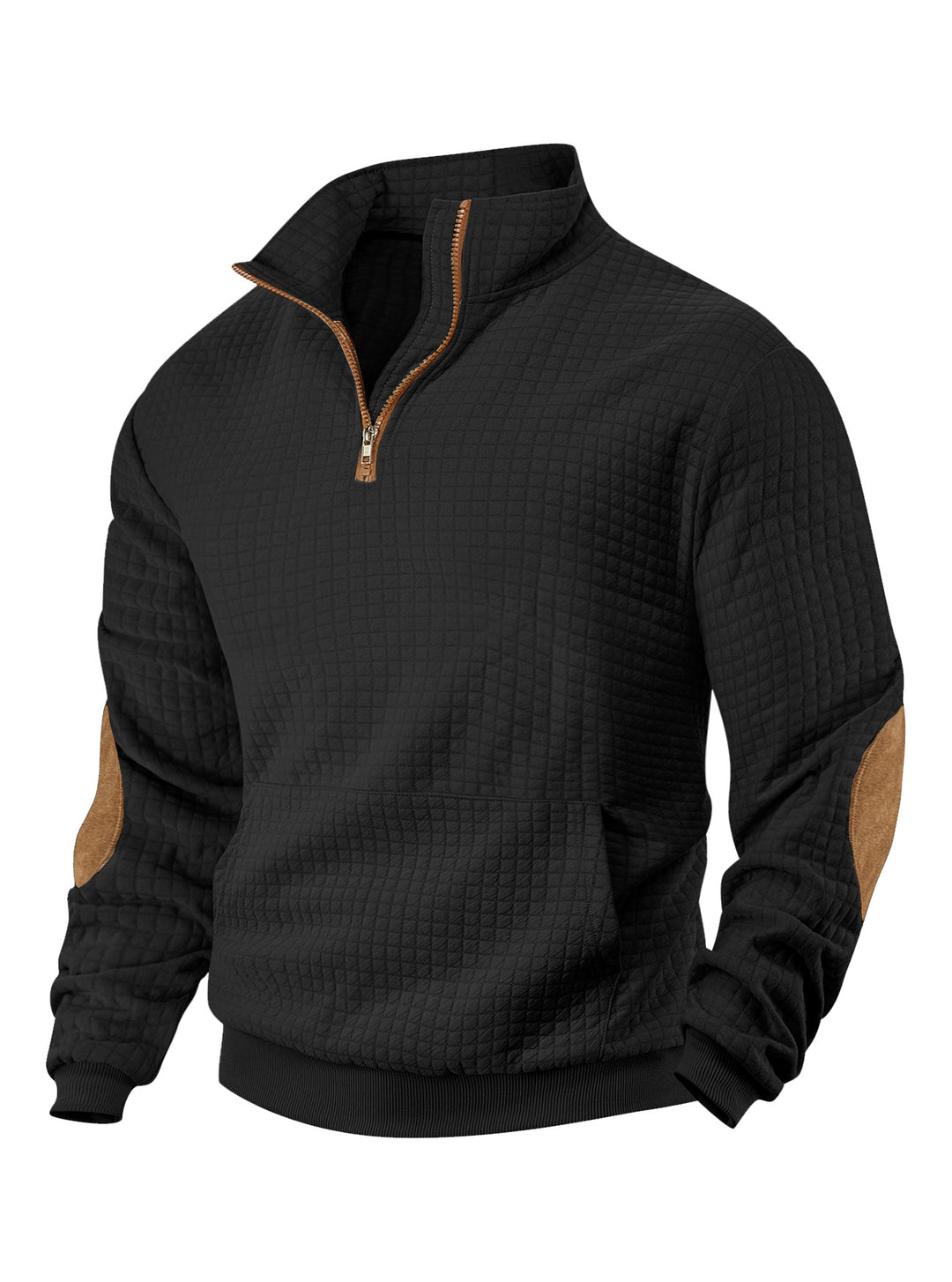 Men's waffle texture half-zip with stand-up collar, kangaroo pocket, and suede look elbow patches Mune Fashion