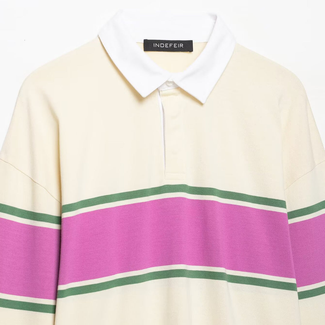Women's Oversize Rugby Polo Shirt with Wide Block Stripes and Kent Collar Mune Fashion