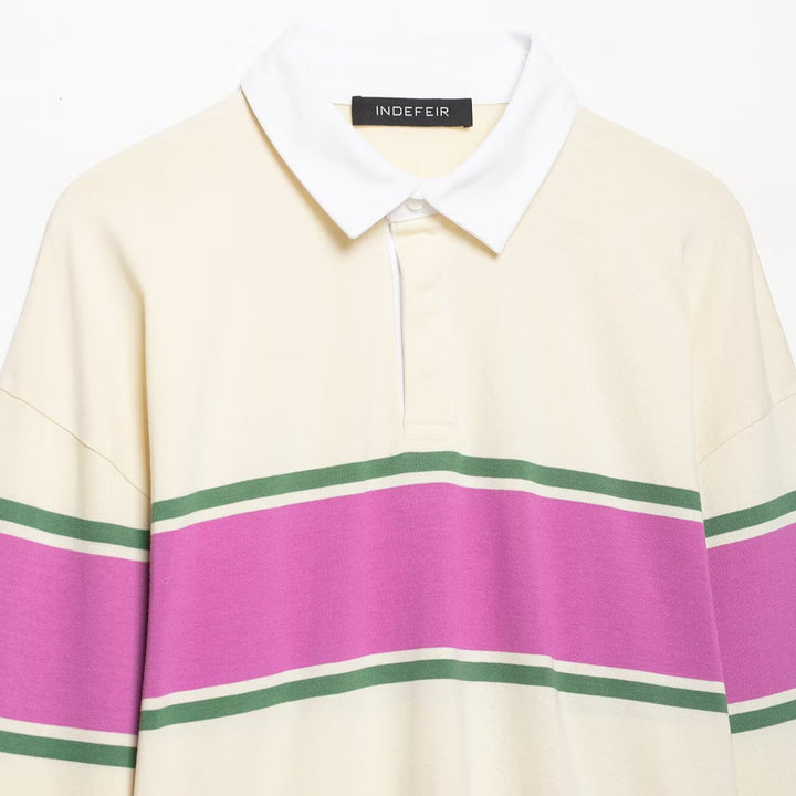 Women's Oversize Rugby Polo Shirt with Wide Block Stripes and Kent Collar Mune Fashion