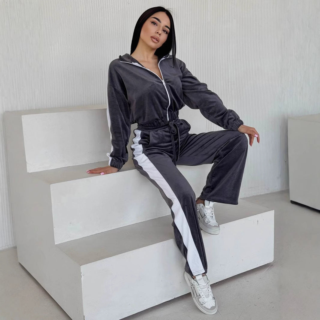 Women soft velvet tracksuit set with zip jacket and elastic drawstring pants Mune Fashion