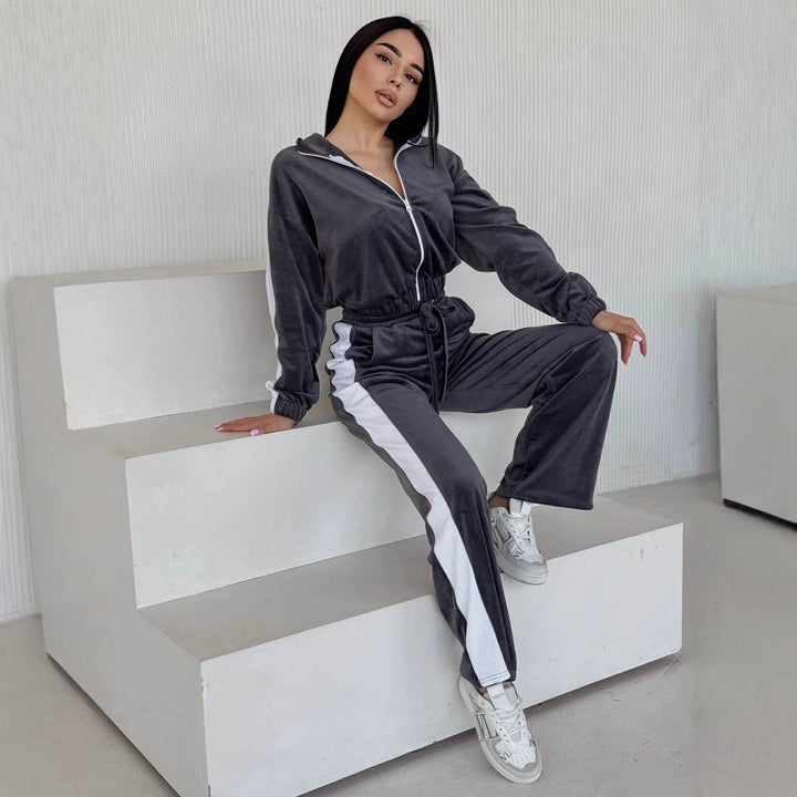 Women soft velvet tracksuit set with zip jacket and elastic drawstring pants Mune Fashion