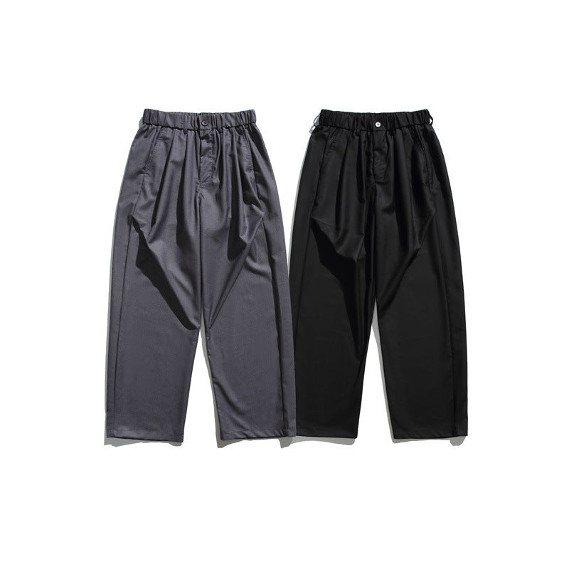 Men's Loose-Fit Pleated Cropped Pants with Elastic Waistband and Crease