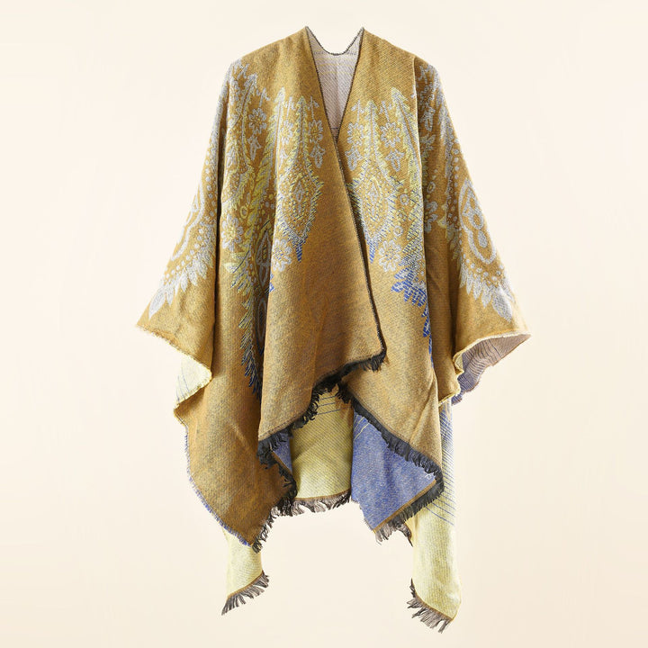 Ladies Reversible Jacquard Wrap Poncho in Oversized Kaftan with Fringe Hem Mune Fashion