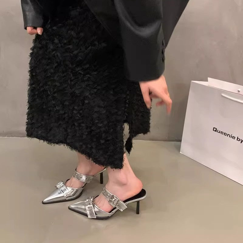 Women's pointed toe mule slippers with double buckle strap, eyelet detail, and low kitten heel Mune Fashion