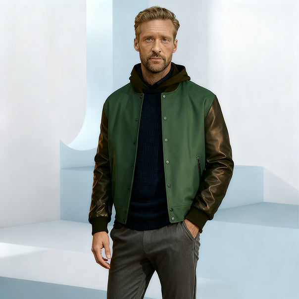 Men's varsity bomber jacket in college style with wool body and leather sleeves Mune Fashion