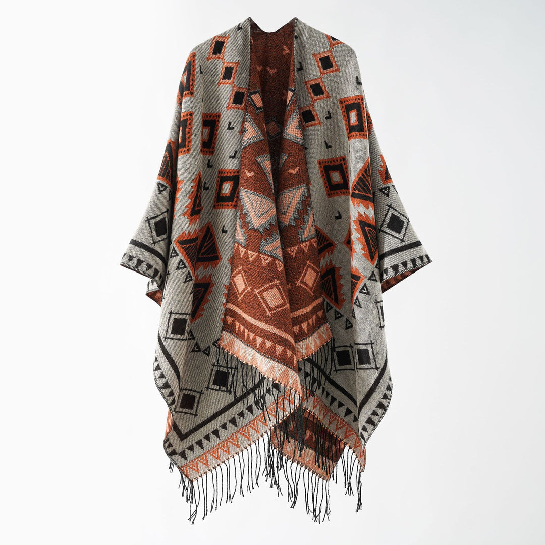 Women's jacquard wrap ruana in ethnic design with fringes and open fall Mune Fashion