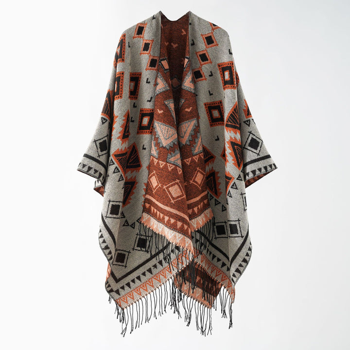 Women's jacquard wrap ruana in ethnic design with fringes and open fall Mune Fashion