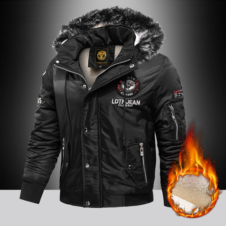 Men's padded thermo bomber jacket with Sherpa lining, removable faux fur hood, and water-repellent nylon outer shell Mune Fashion