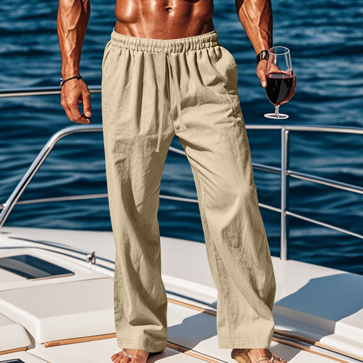 Men's loose linen lounge pants with elastic drawstring waistband, cord drawstring, and straight leg Mune Fashion