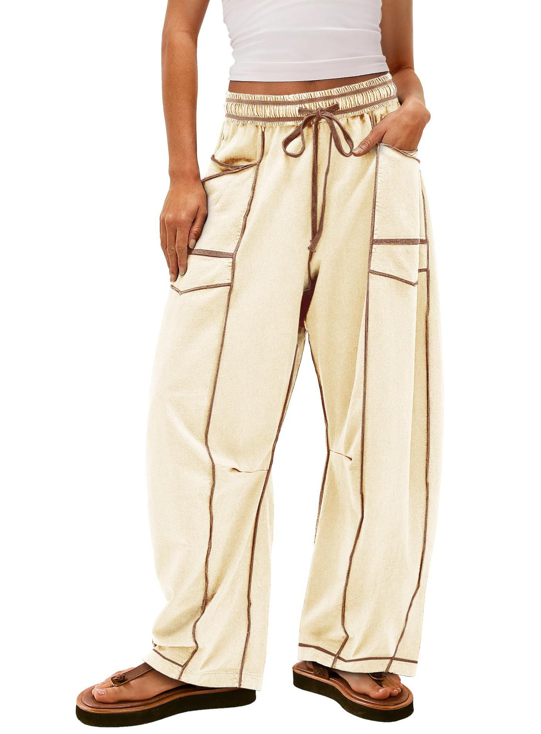 Women wide cargo lounge pants with elastic waistband and contrast seams Mune Fashion