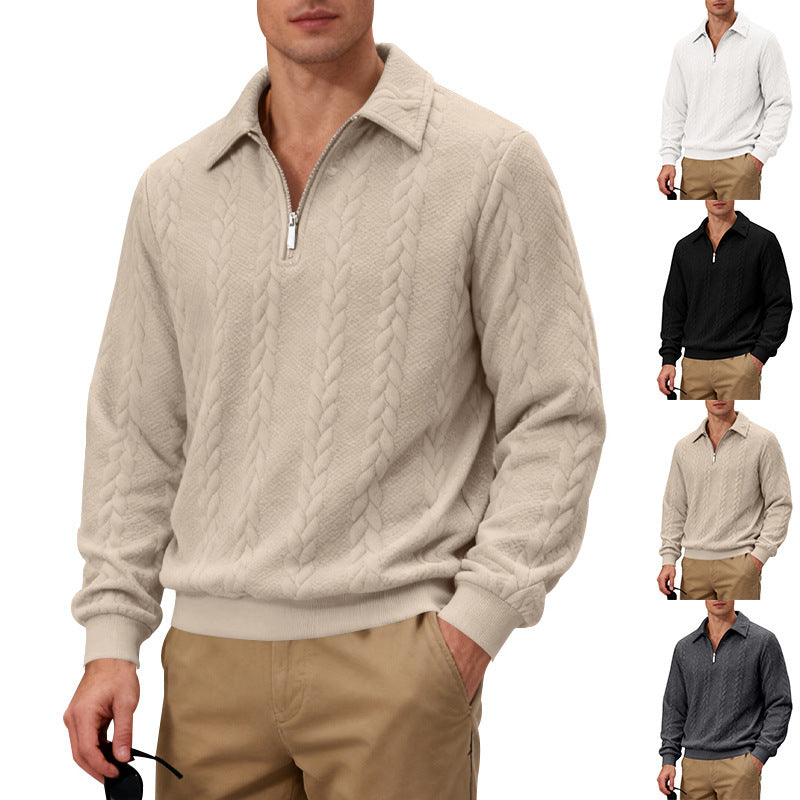Men's structured knitted pullover with half zipper, polo collar and cable pattern Mune Fashion