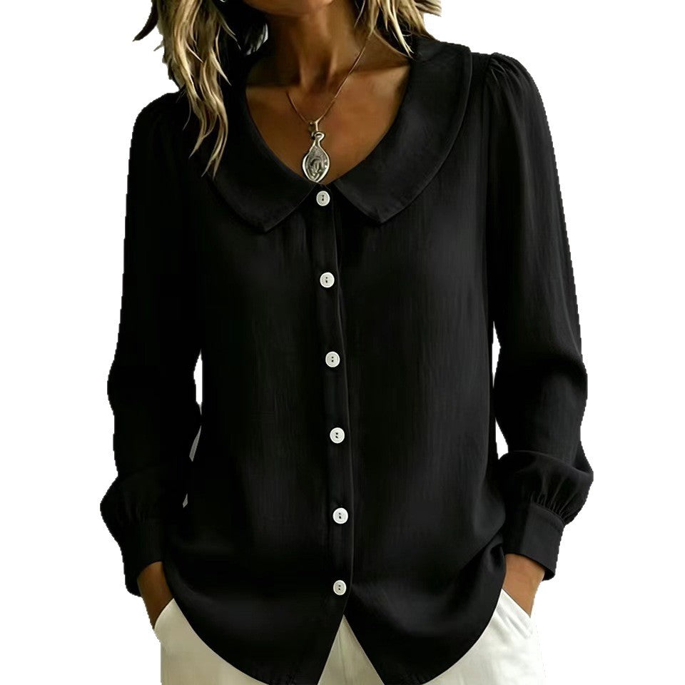 Women Loose Fit Blouse with Round Collar, Puff Sleeves and Pearl Button Placket Mune Fashion