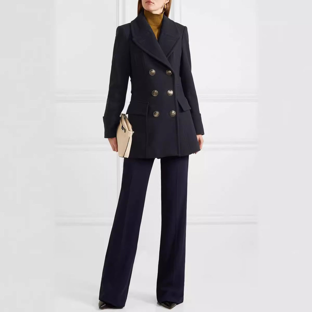 Women Elegant tailored midi-length double-breasted blazer coat with distinctive shoulder and decorative round buttons Mune Fashion