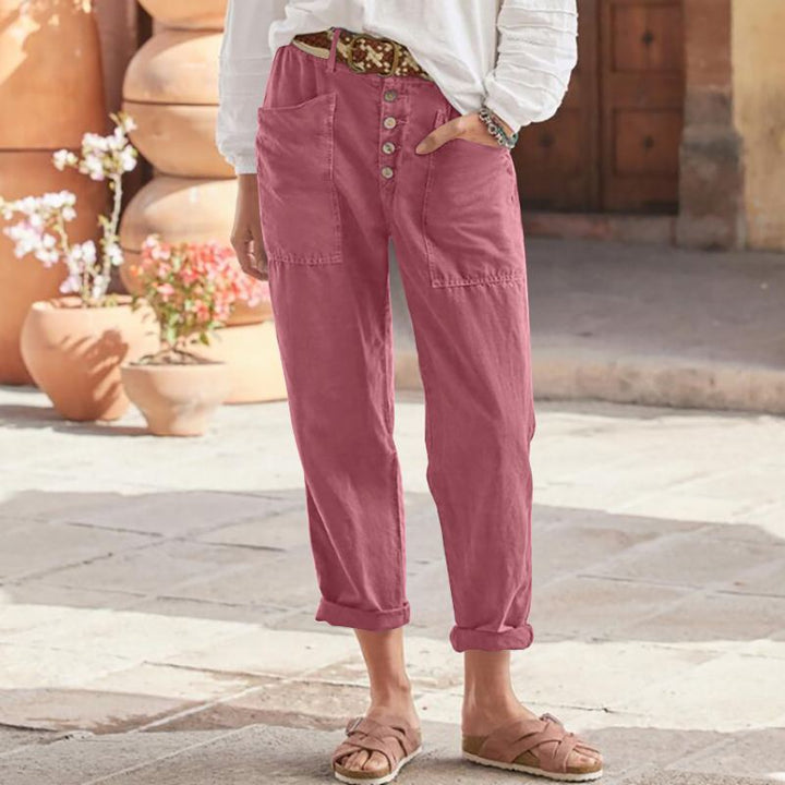 Women's linen-cotton lounge pants with wide cut, high waistband, and patch pockets Mune Fashion