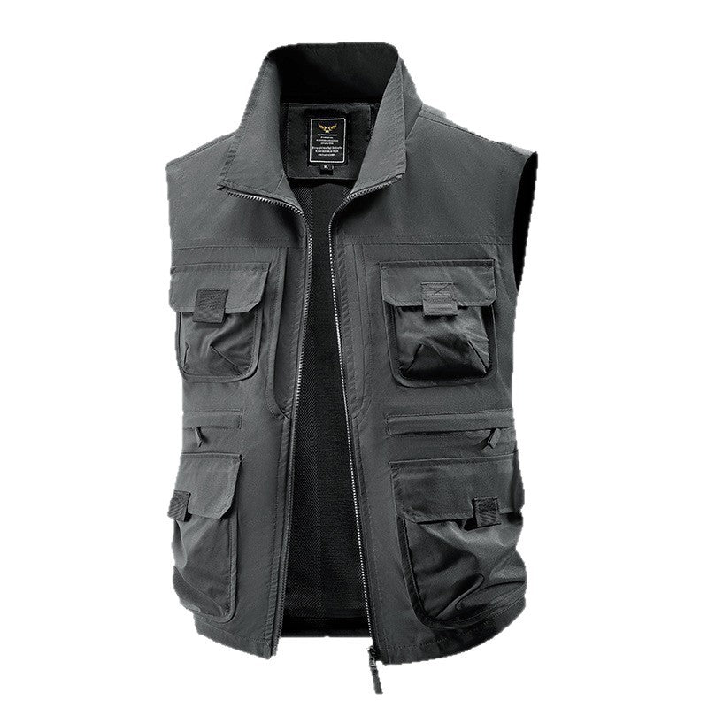 Men's Multi-Pocket Utility Vest with High Collar Two-Way Zipper & Mesh Lining Mune Fashion