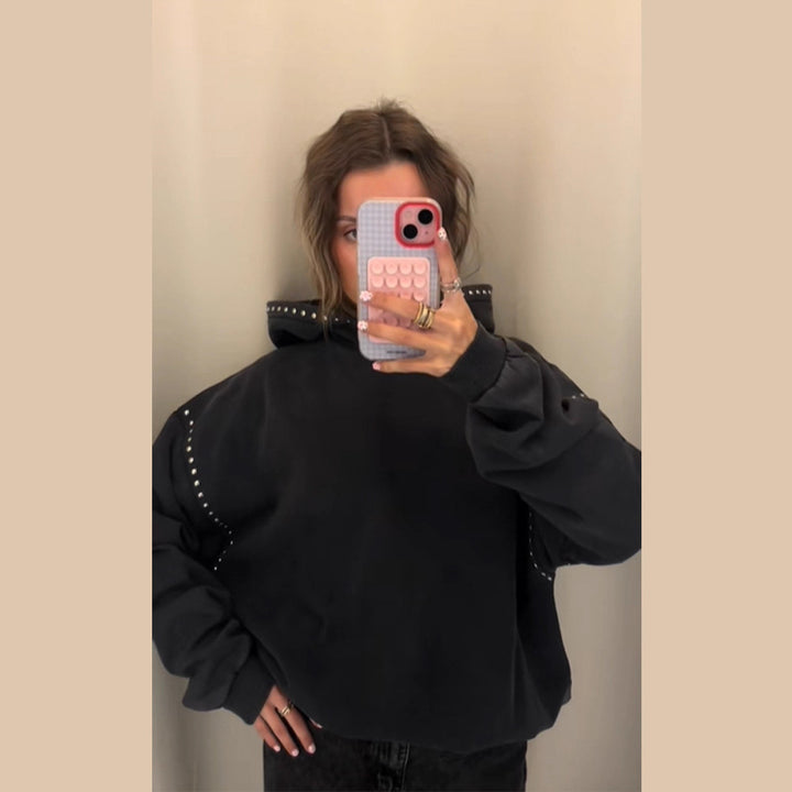 Women's Oversized Hooded Sweater with Studded Trim and Balloon Sleeves Mune Fashion