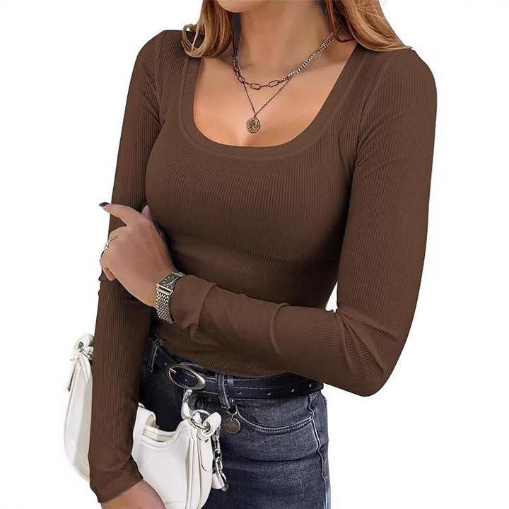 Women's form-fitting ribbed long sleeve with wide square neckline and stretch material