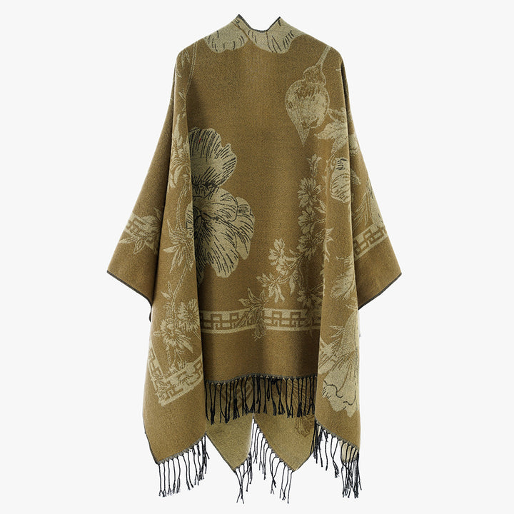 Women's lightweight jacquard poncho with floral all-over pattern, asymmetrical pointed hem and fringes