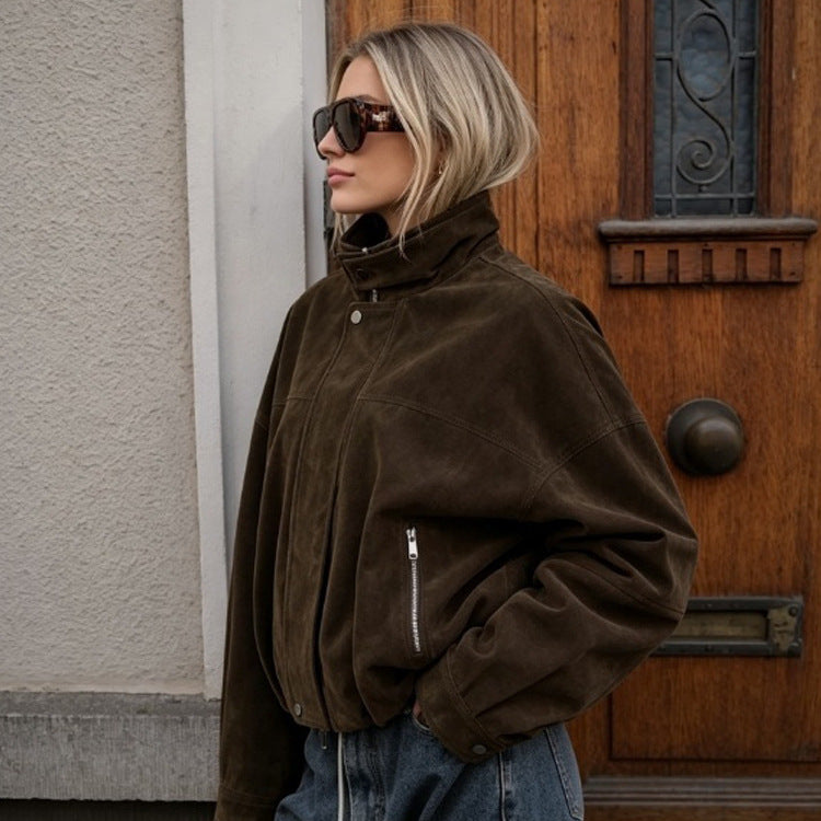 Women's Boxy Suede Bomber Jacket with High Stand Collar and Elastic Hem Mune Fashion