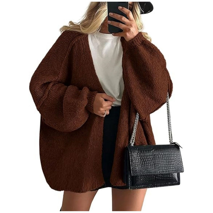 Women's Oversized Knit Cardigan with Balloon Sleeves and Open Front Mune Fashion