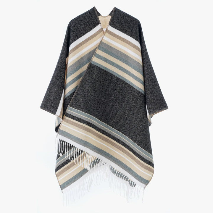 Women's Striped Wool Blend Poncho with Fringed Hem Mune Fashion