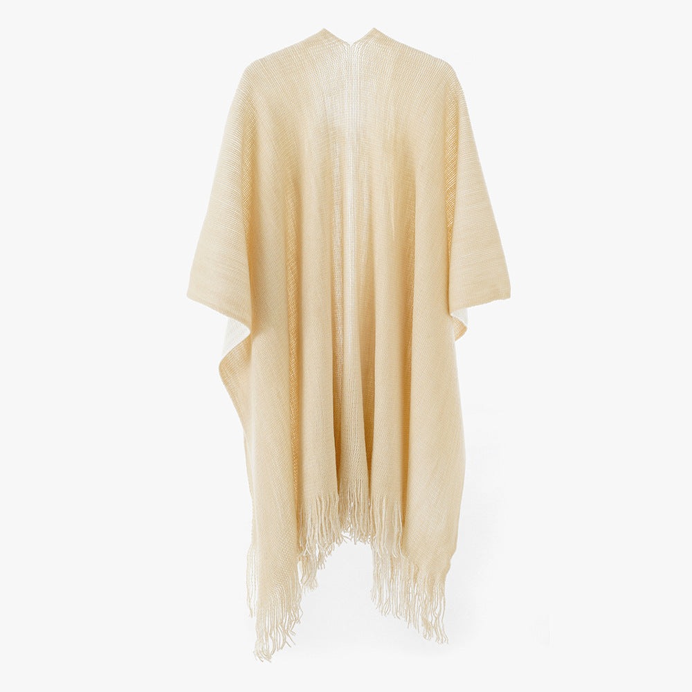 Women's Lightweight Oversized Knit Wrap in Cape Style with Fringe Hem Mune Fashion
