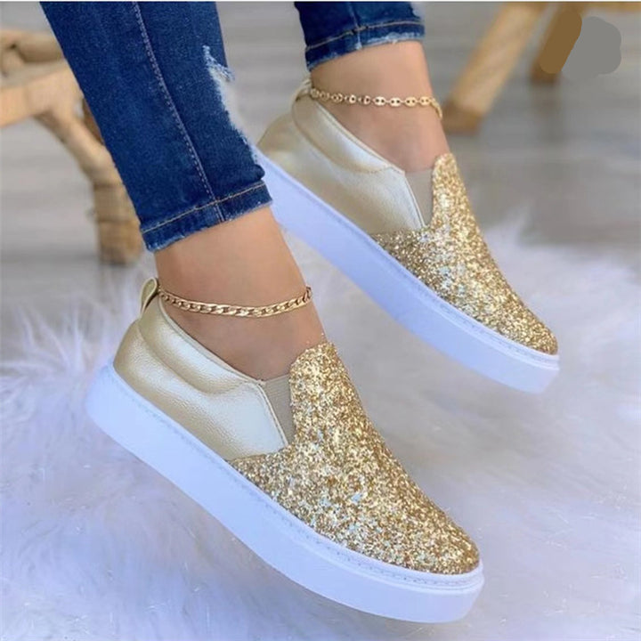 Women Slip-On Platform Sneaker with Glitter Front, Padded Heel Area and White Profile Sole Mune Fashion