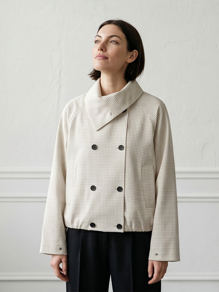 Women's Short Double-Breasted Blouson Jacket with Wrap Collar and Raglan Sleeves Mune Fashion