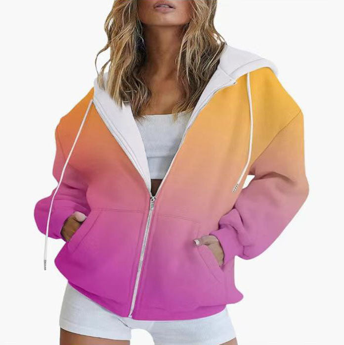 Women Oversize Hoodie Jacket with Gradient Color, Zipper and Kangaroo Pockets Mune Fashion
