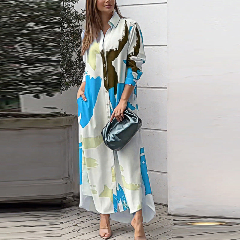 Women's Long Shirt Dress with Abstract Brush Print and Side Pockets Mune Fashion