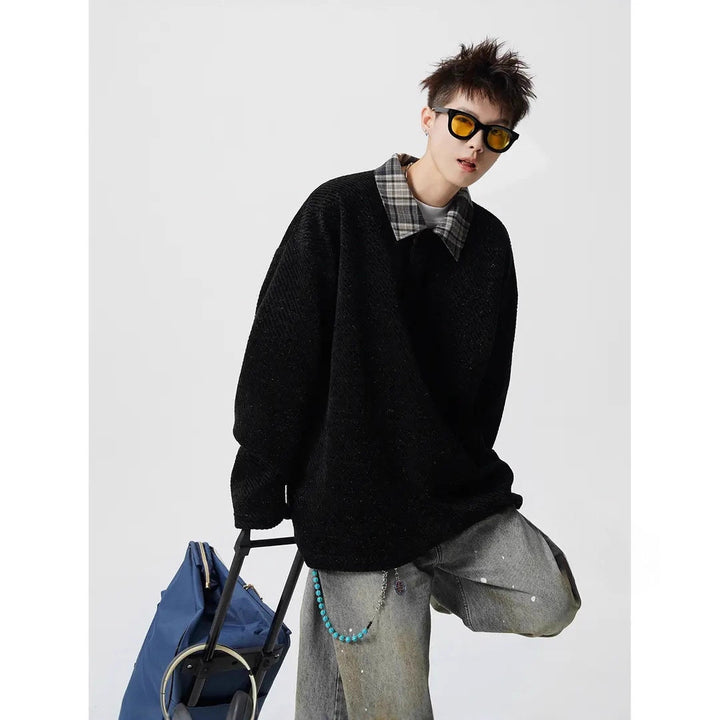 Men's Oversize Structured Sweatshirt with Polo Collar and Diagonal Knit Structure Mune Fashion