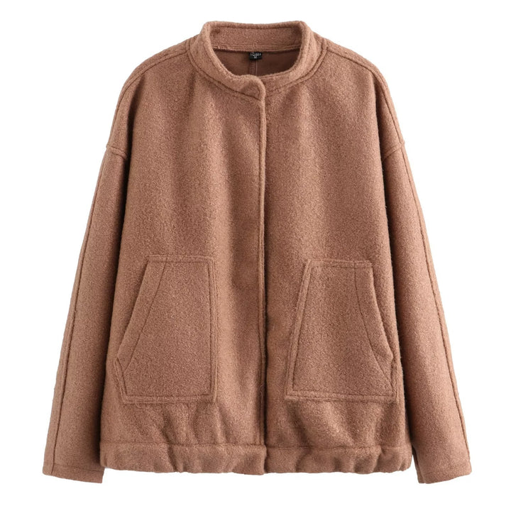Women's short boxy wool blend jacket with short stand-up collar, concealed front placket and patch pockets Mune Fashion