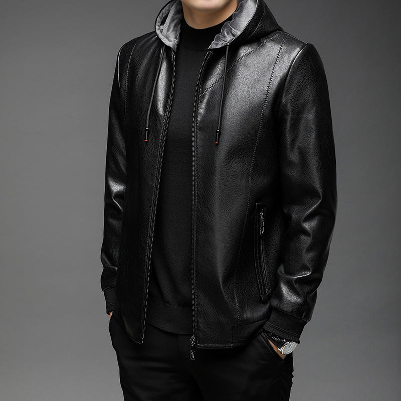 Men's faux leather hooded jacket with fine texture, zipper, and ribbed cuffs Mune Fashion