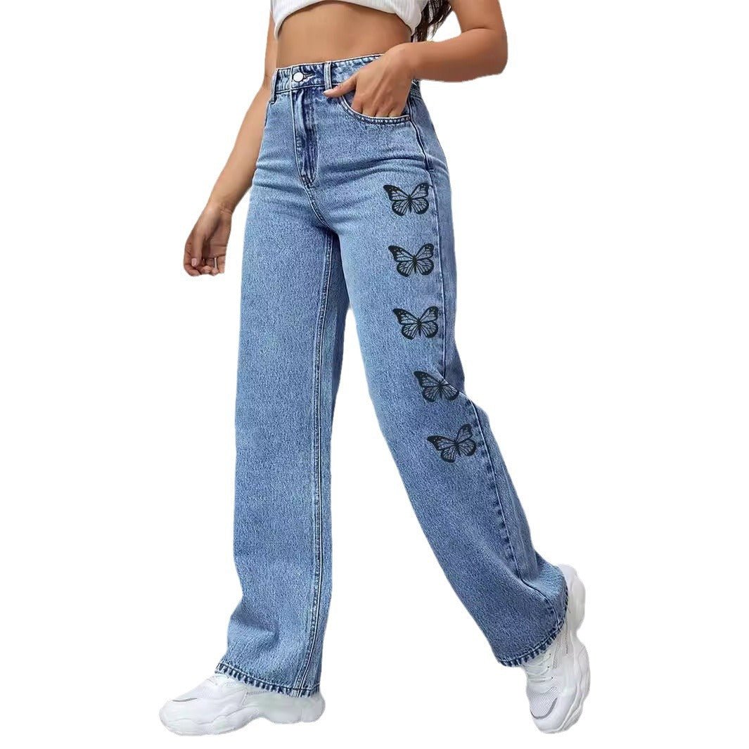Ladies High-Waist Loose-Fit Denim Pants with Side Butterfly Print Mune Fashion