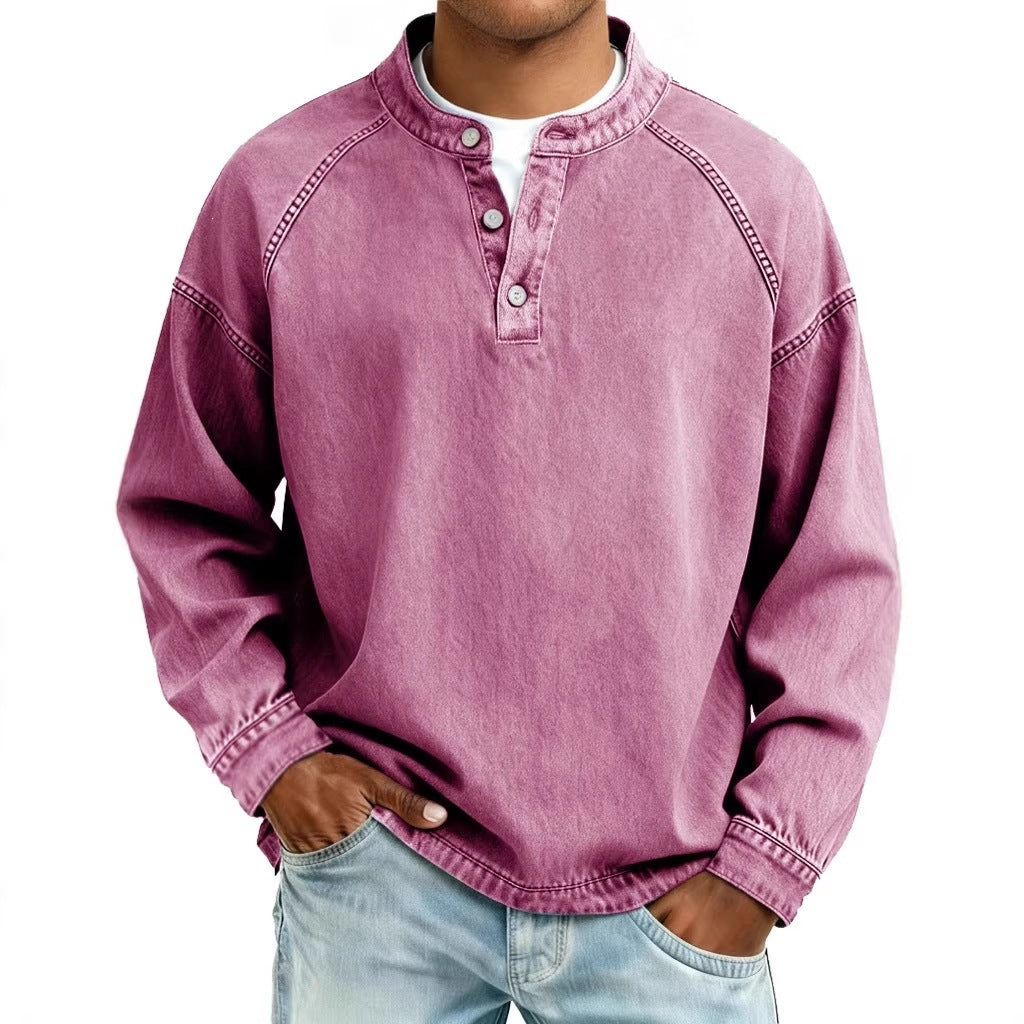 Men's Long Sleeve Henley Sweatshirt with Stand-Up Collar and Vintage Denim Effect Mune Fashion