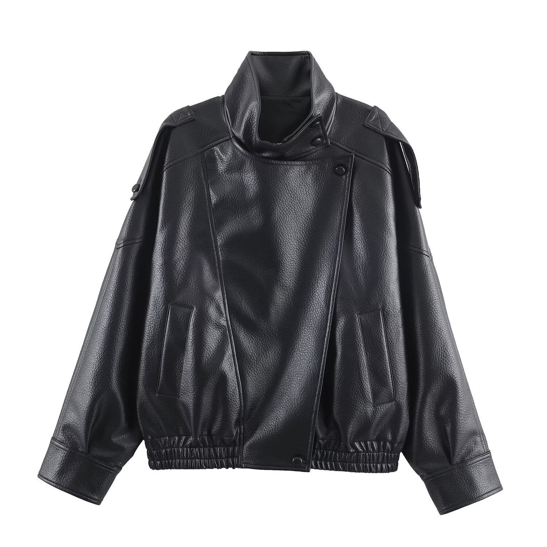 Ladies oversized biker jacket faux leather look with high stand-up collar, asymmetrical snap button front, shoulder straps and elastic hem Mune Fashion