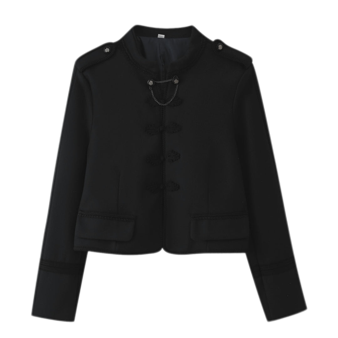 Women Short Blazer with Stand-up Collar, Decorative Knot and Epaulettes Mune Fashion