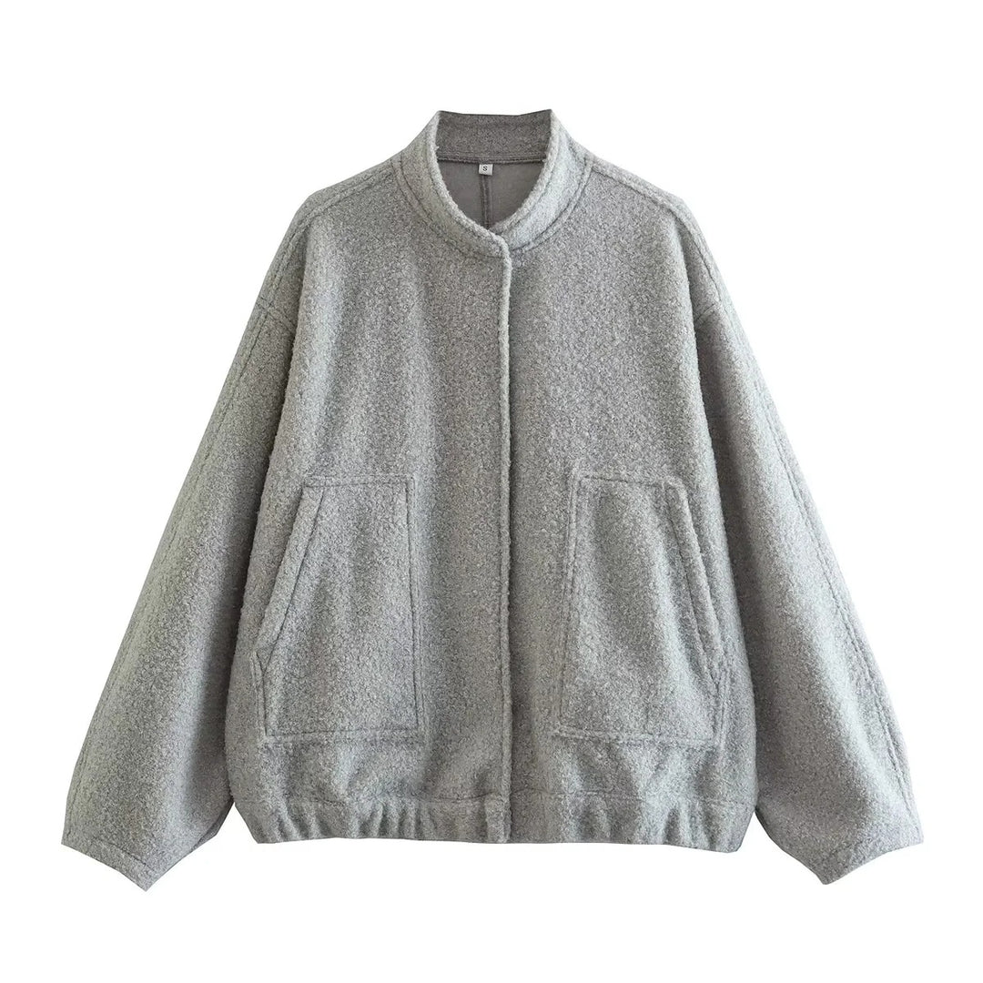 Women's Oversize Fleece Jacket with Stand-Up Collar, Patch Front Pockets, and Elastic Hem Mune Fashion