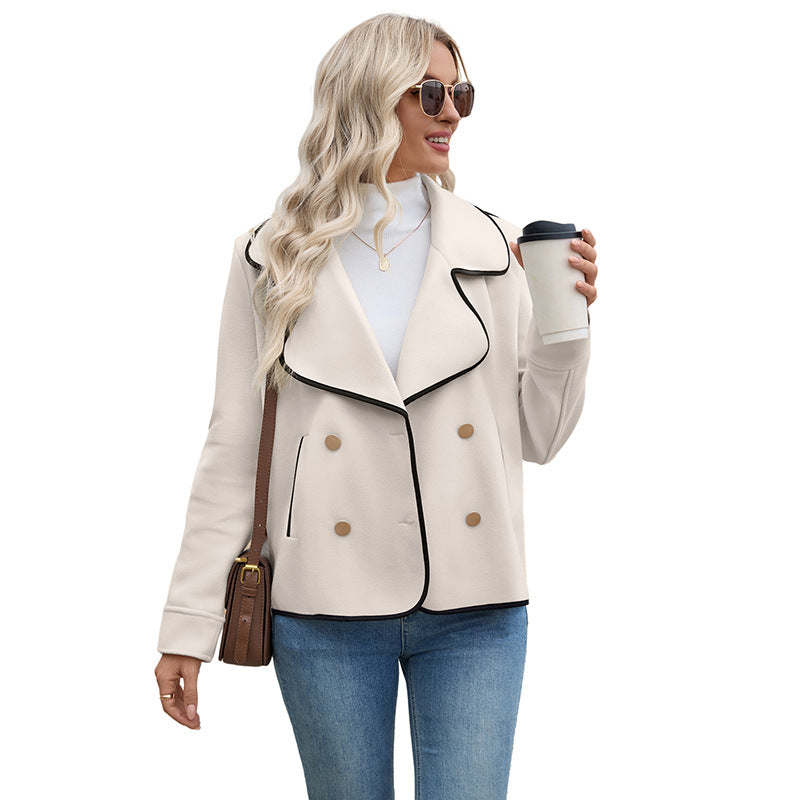Women's double-breasted short blazer with wave-shaped lapel and contrast piping Mune Fashion