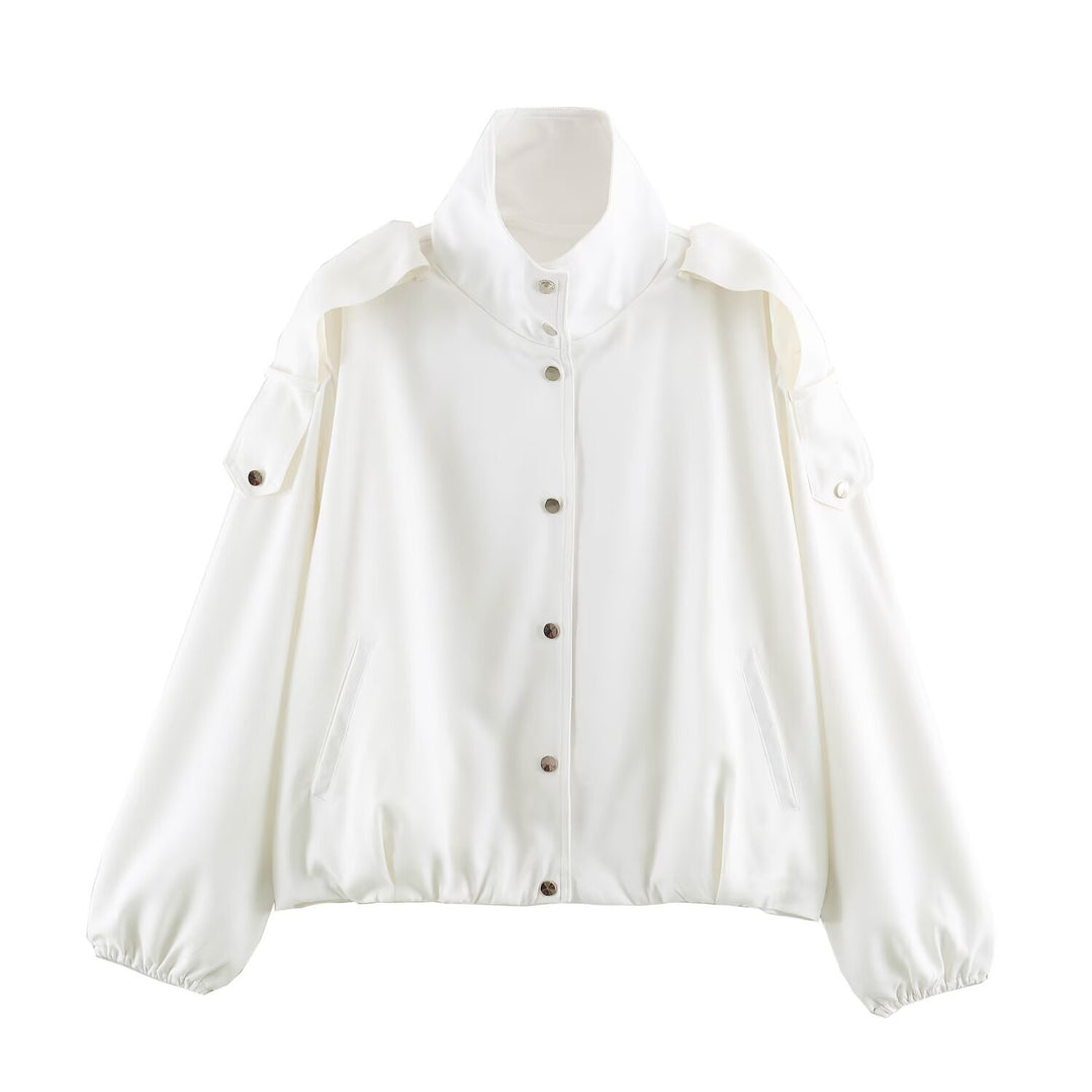 Women Oversize Blouson Jacket with High Stand Collar, Shoulder Patches and Elastic Hem Mune Fashion