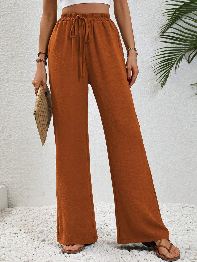 Women Wide Palazzo Pants with High Elastic Waistband, Drawstring and Side Pockets Mune Fashion