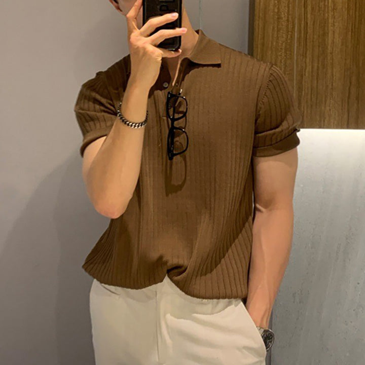 Men's narrow-cut ribbed polo shirt made of fine knit with short sleeves and polo collar Mune Fashion