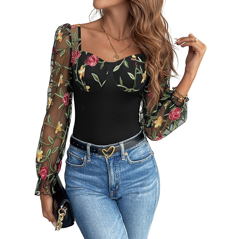 Women's shaping mesh bodysuit with corset look, balconette neckline and embroidered sheer sleeves Mune Fashion