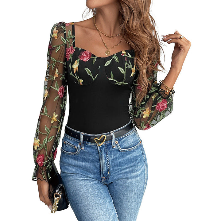 Women's shaping mesh bodysuit with corset look, balconette neckline and embroidered sheer sleeves Mune Fashion