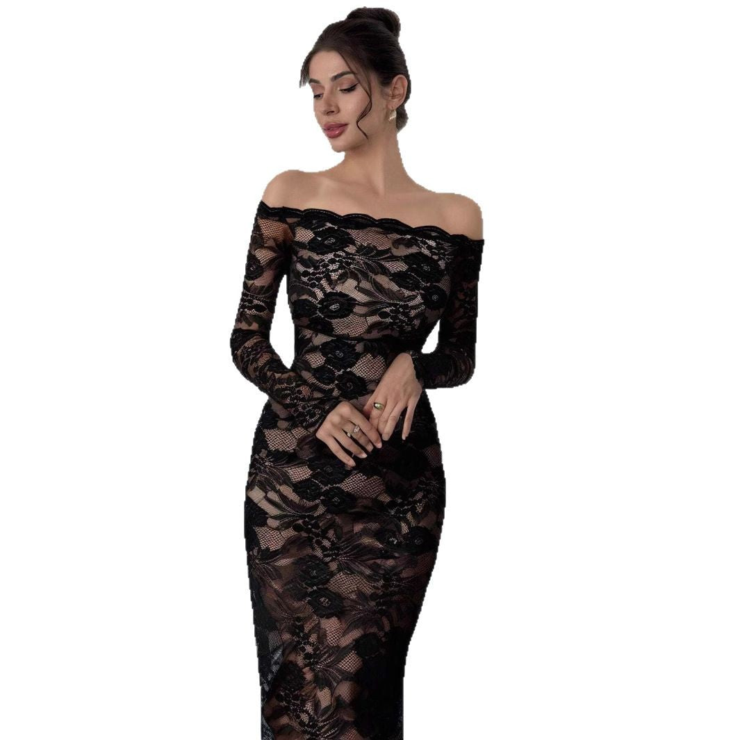 Women off-the-shoulder figure-hugging lace dress with long sleeves Mune Fashion