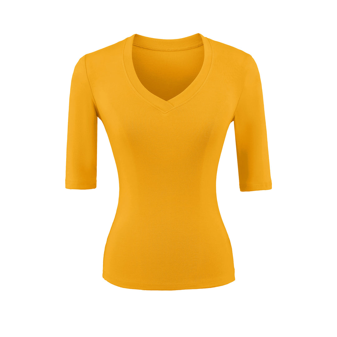 Women's Fitted V-Neck Three-Quarter Sleeve Fine Rib Top made of Stretch Jersey Mune Fashion