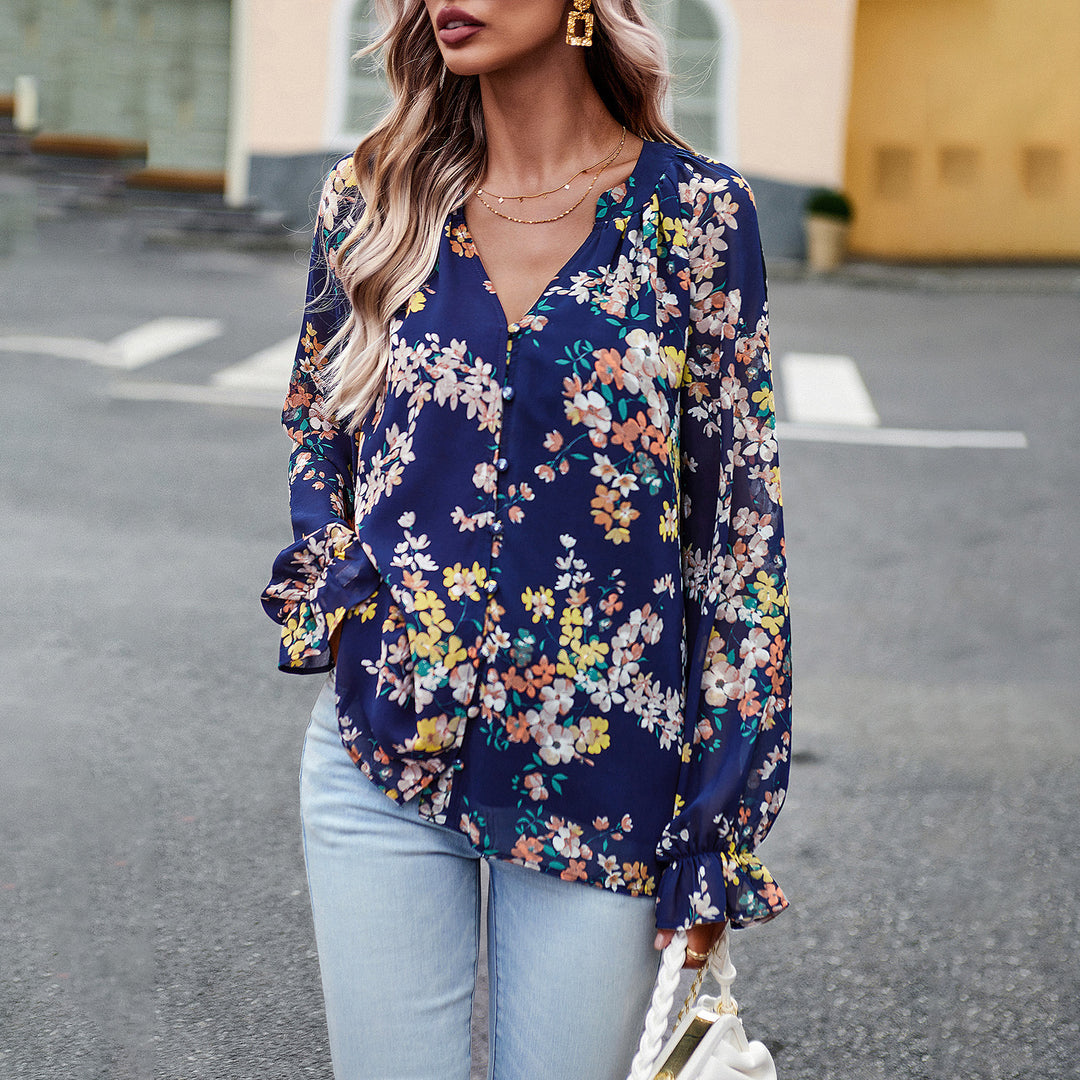 Women nan Chiffon blouse with floral all-over print, V-neck, button placket and tied cuffs Mune Fashion