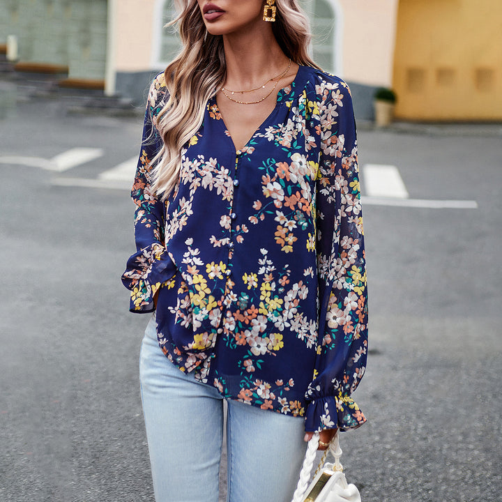 Women nan Chiffon blouse with floral all-over print, V-neck, button placket and tied cuffs Mune Fashion