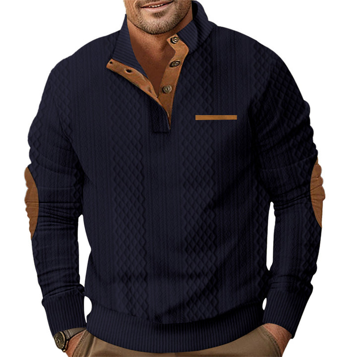 Men's knitted pullover with stand-up collar, button placket and elbow patches Mune Fashion